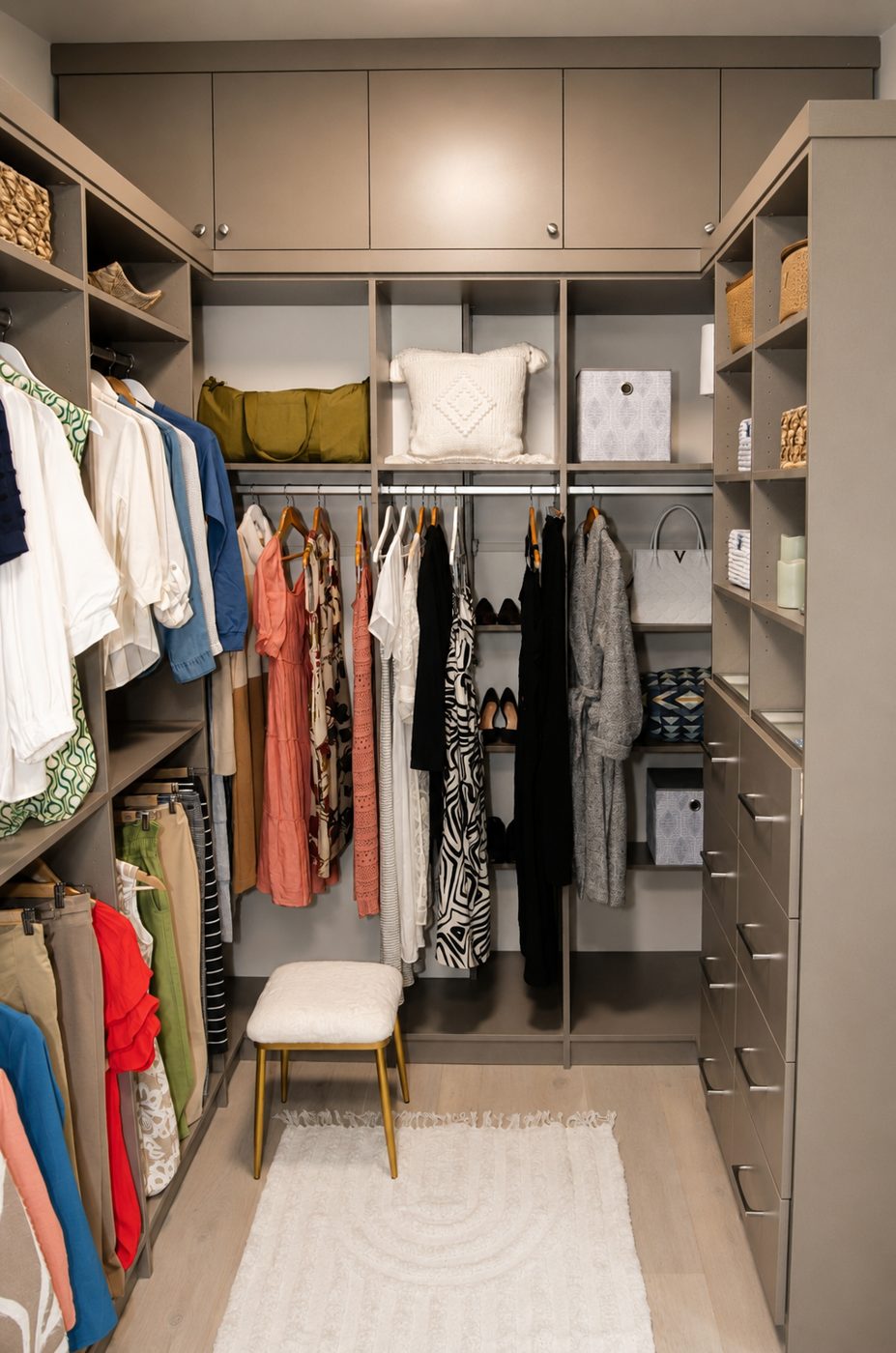 Greige custom walk-in closet with island and bench, Bend Oregon