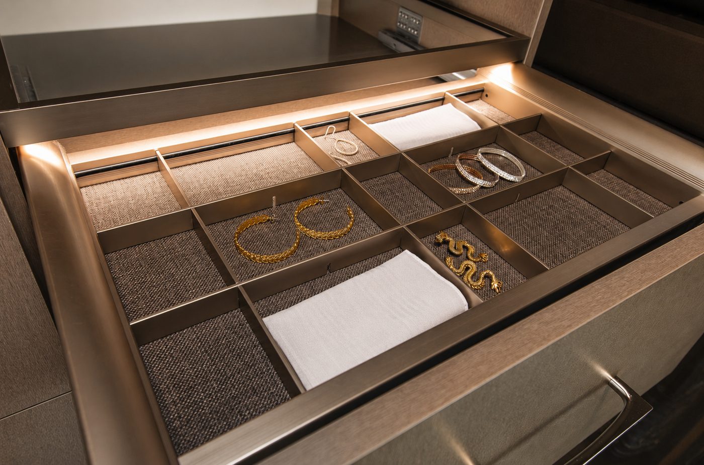 Custom jewelry drawer with lined trays in a Bend Oregon closet
