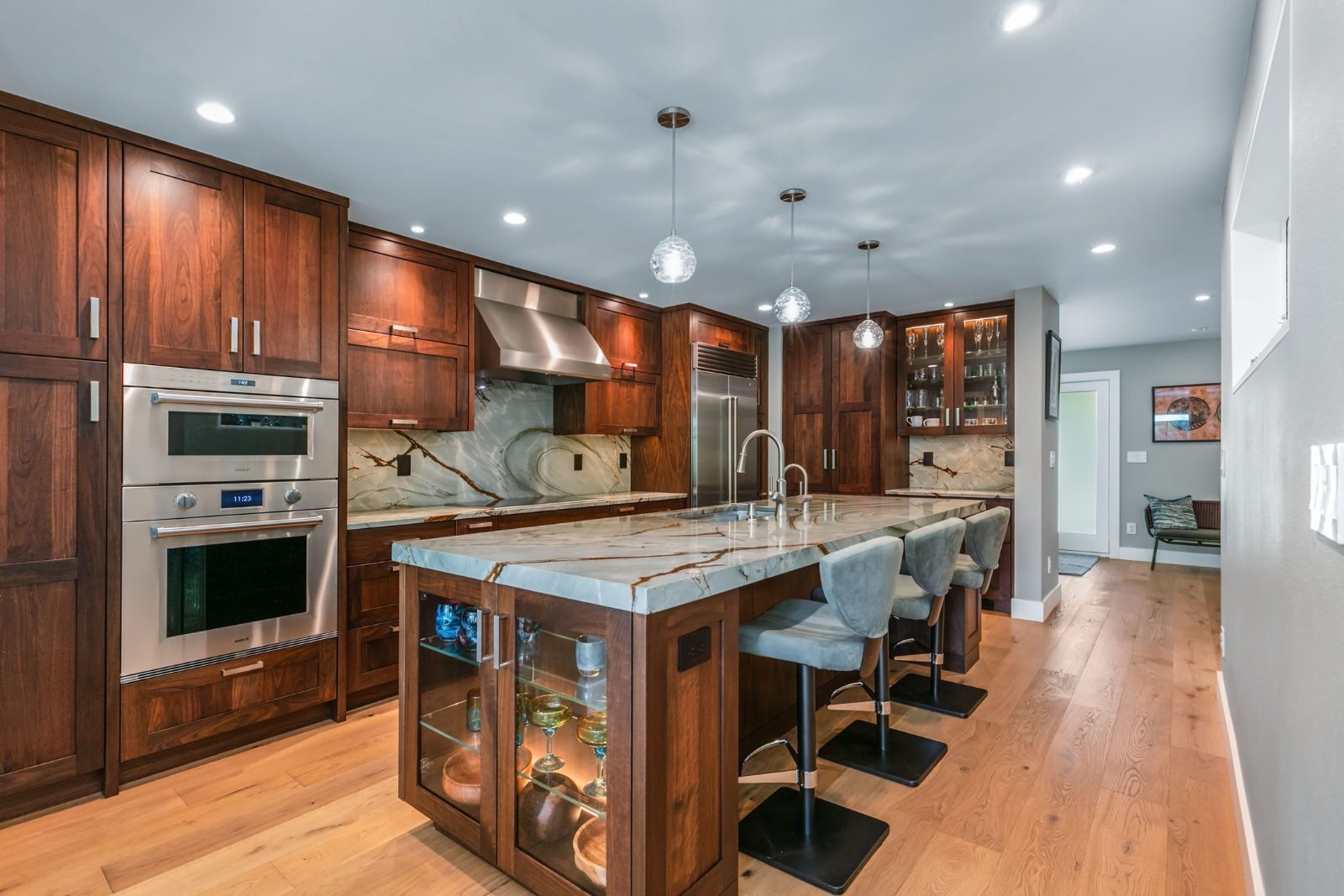 Walnut kitchen with large entertaining island in Bend, Oregon